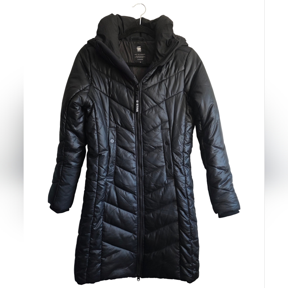 G-Star RAW Alaska HDD Long Puffer Jacket Women’s Size Small Black Hooded Coat - Picture 3 of 15